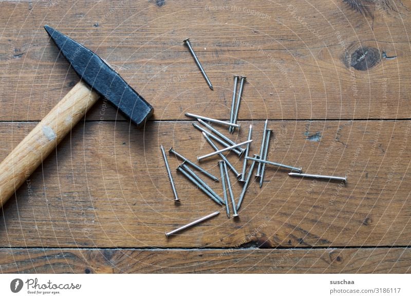 hammer und nägel Hammer Nagel Heimwerker Handwerker rustikal Holz Holzfußboden Eisen Metallwaren Baumarkt Haushalt aufhängen männlich Vorsicht rostfrei