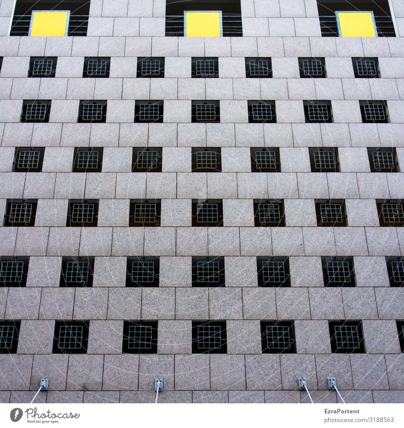 ~ Menschenleer Haus Bauwerk Gebäude Architektur Mauer Wand Fassade Fenster Beton Linie Streifen gelb grau Design Farbe graphisch Grafische Darstellung Gitter