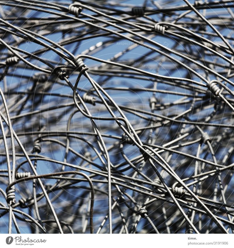 Geschichten vom Zaun (XLI) Kunst Kunstwerk Skulptur Draht Biegung Metall Linie blau grau ästhetisch chaotisch Design entdecken Entschlossenheit bedrohlich