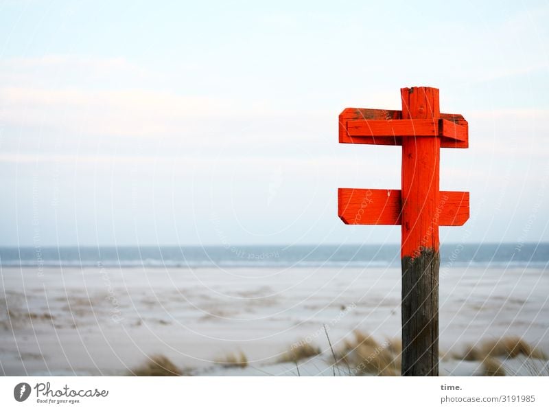 irgendwas Wichtiges Umwelt Natur Landschaft Himmel Horizont Küste Strand Nordsee Spiekeroog Holz Zeichen Schilder & Markierungen Hinweisschild Warnschild