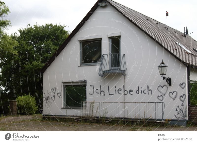 Trotz allem Wohnung Renovieren Wolken Baum Dorf Menschenleer Haus Einfamilienhaus Ruine Mauer Wand Fassade Balkon Garten Fenster Zeichen Schriftzeichen Graffiti