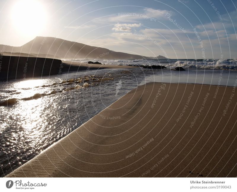 Mündung des Coghinas ins Meer Fluss Mittelmeer Sardinien Abendstimmung Strang Sand Wasser Natur Landschaft Berg Flussmündung Urlaub braun Valledoria Gegenlicht