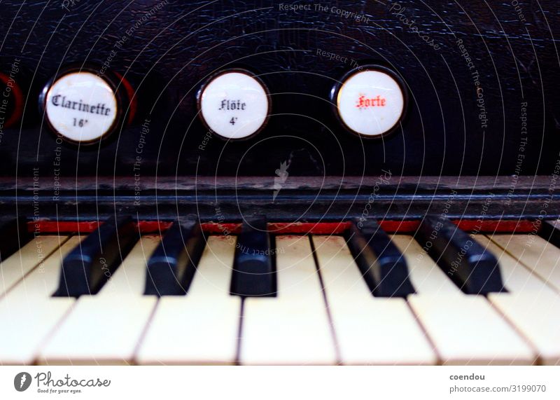 Klaviatur von altem Harmonium mit Knöpfen Musik Hausmusik Klavier musizieren Tasteninstrumente Regler Drehregler Forte Flöte Sammlerstück antik Schriftzeichen
