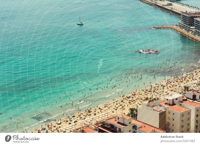 Atemberaubendes türkisfarbenes Wasser und Meeresufer mit Palmenbooten Landschaft Strand Stein atemberaubend ruhig Idylle Ferien & Urlaub & Reisen schön Paradies