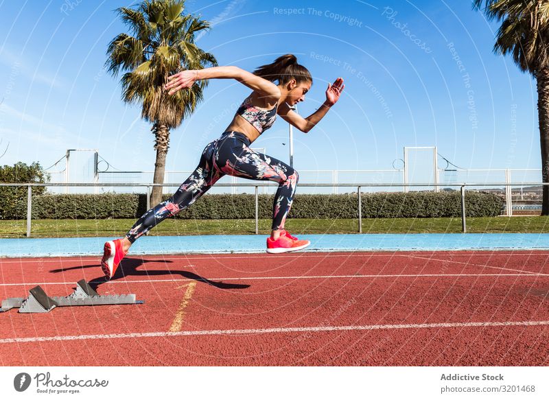 Schlanke Frau rennt im Stadion rennen Bahn Geschwindigkeit Sport Athlet Himmel Sonnenstrahlen Tag Sportbekleidung dünn stark Erholung Fitness Sprint Aktion