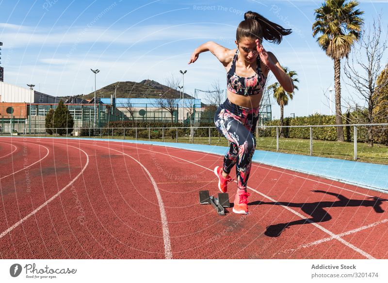 Schlanke Frau rennt im Stadion rennen Bahn Geschwindigkeit Sport Athlet Himmel Sonnenstrahlen Tag Sportbekleidung dünn stark Erholung Fitness Sprint Aktion