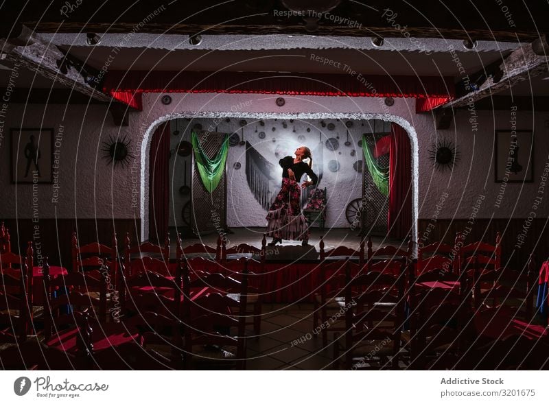 Tänzerin im Flamenco-Kostüm stehend in Tanzhaltung Flamencotänzer Tablao Frau Rock schön Ausdruck genießen attraktiv elegant Spanisch Tradition Inspiration