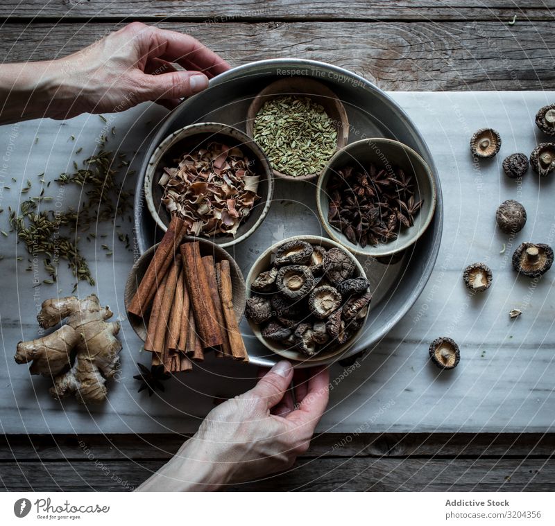 Gewürze und Trockenpilze an Bord Zutaten Kräuter & Gewürze mischen regenarm pho kochen & garen Suppe Pilz Asiatische Küche organisch Anis Zimt rustikal Ingwer