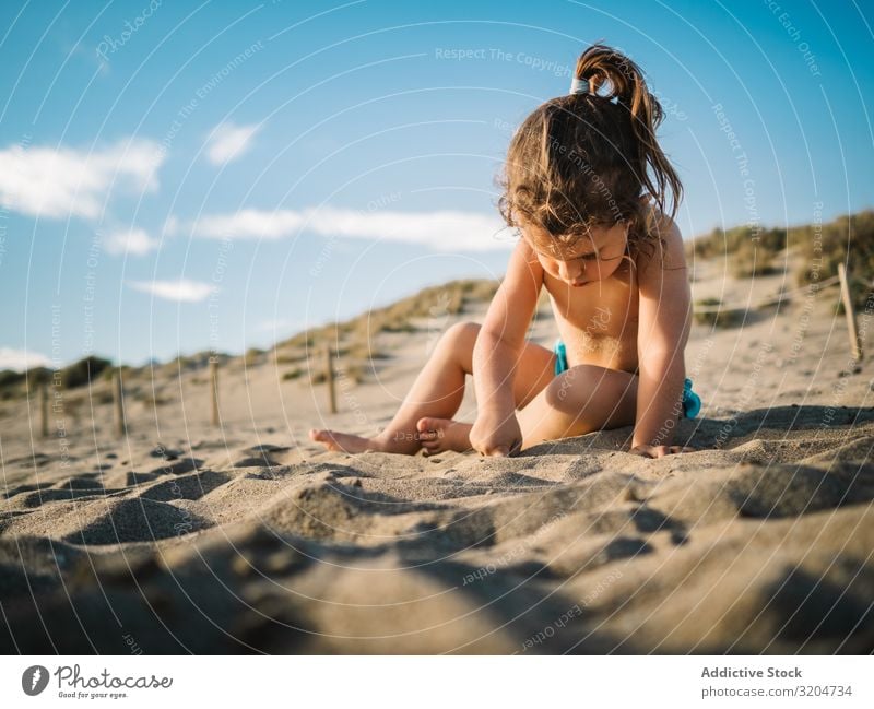 Mädchen spielt am Strand an einem sonnigen Tag Spielen Sonnenstrahlen Kleinkind Sand reizvoll Seeküste Küste Kindheit Gelassenheit Ferien & Urlaub & Reisen