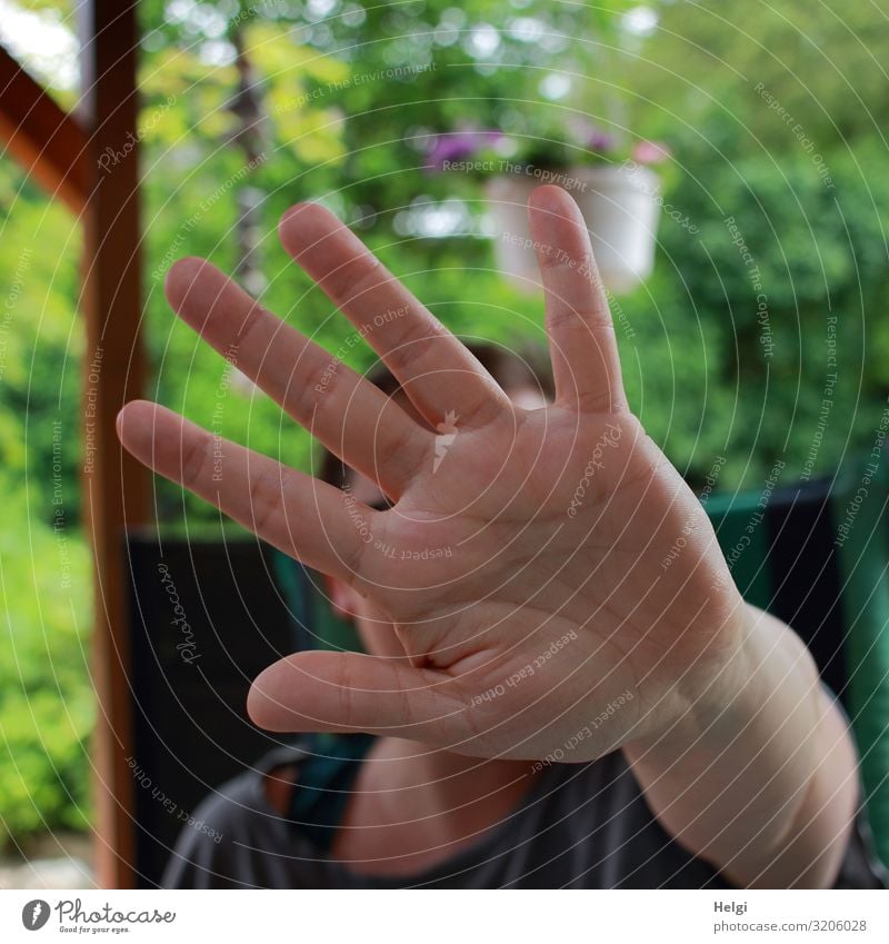 Hand einer Frau in Abwehrhaltung zeigt STOP, weiter nicht! Mensch Erwachsene Finger 1 30-45 Jahre Umwelt Natur Pflanze Sommer Schönes Wetter Sträucher sitzen