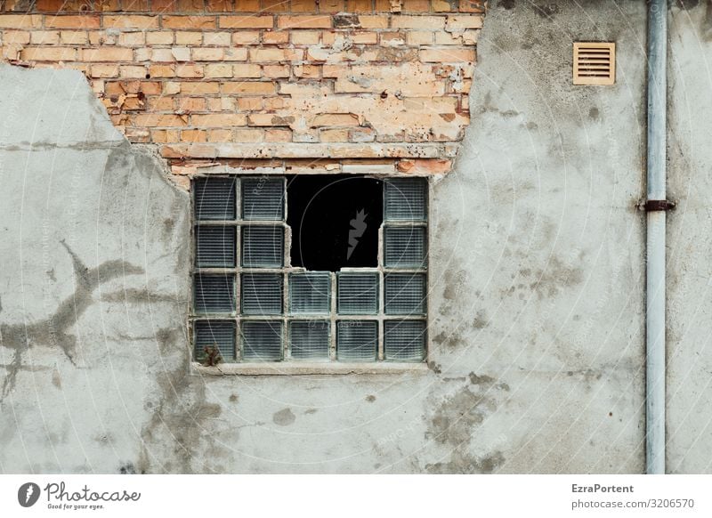 putzig,luftig Haus Bauwerk Gebäude Architektur Mauer Wand Fassade Fenster Dachrinne Stein Backstein Linie alt kaputt trashig grau Vergänglichkeit Fallrohr Putz