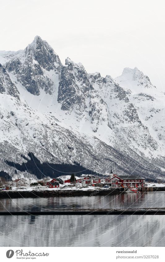 Sildpollnes-penins.from Sildpolltjonna-inlet. Lofoten-Norwegen-122 Winterurlaub Schönes Wetter Schneebedeckte Gipfel Fischerboot Sportboot Sjohus