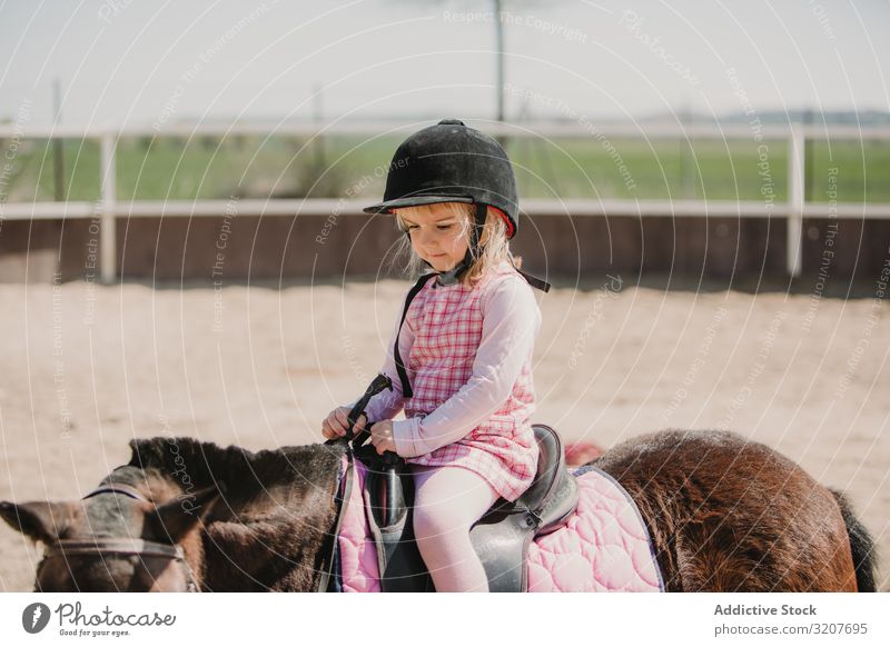 Kleines Mädchen reitet Pferd auf dem Hippodrom Sport Mitfahrgelegenheit Porträt Rennbahn Reiterin Kind üben Kindheit lernen bezaubernd wenig Jockey ländlich