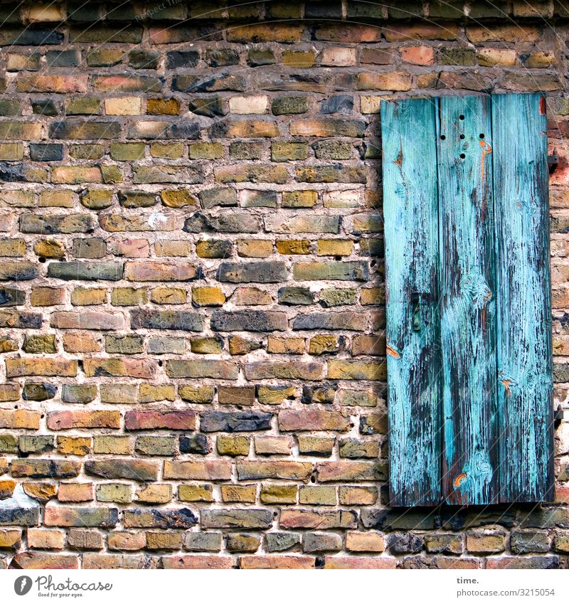 blue motion backstein backsteinmauer fassade detail baustoff oberfläche entdeckung wand fensterladen fensterflügel holz alt verwittert farbe abblättern trashig