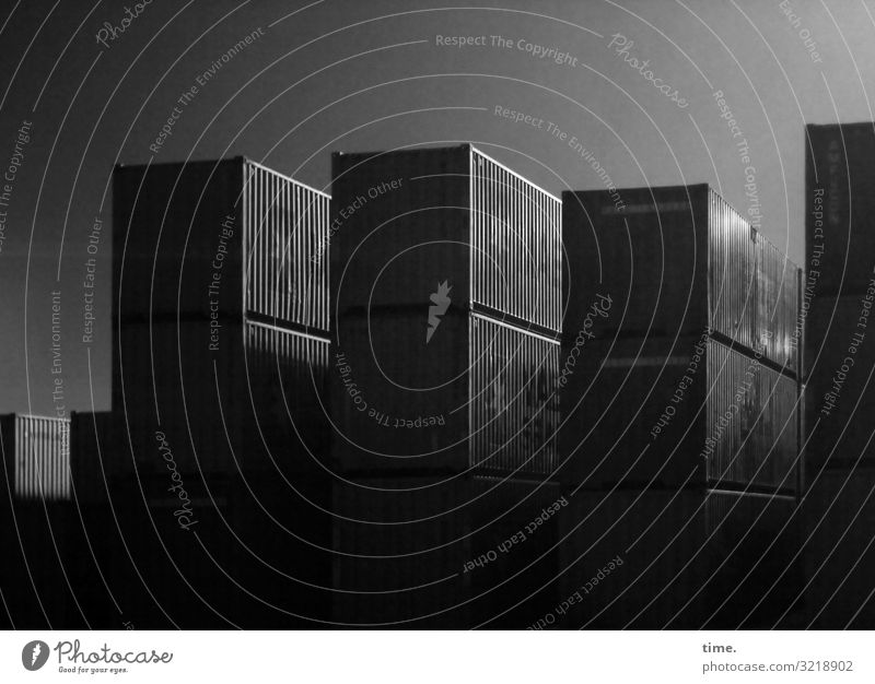 Speicherplatz Arbeitsplatz Wirtschaft Güterverkehr & Logistik Dienstleistungsgewerbe Hamburger Hafen Container Stapel Metall Linie dunkel einfach Zusammensein