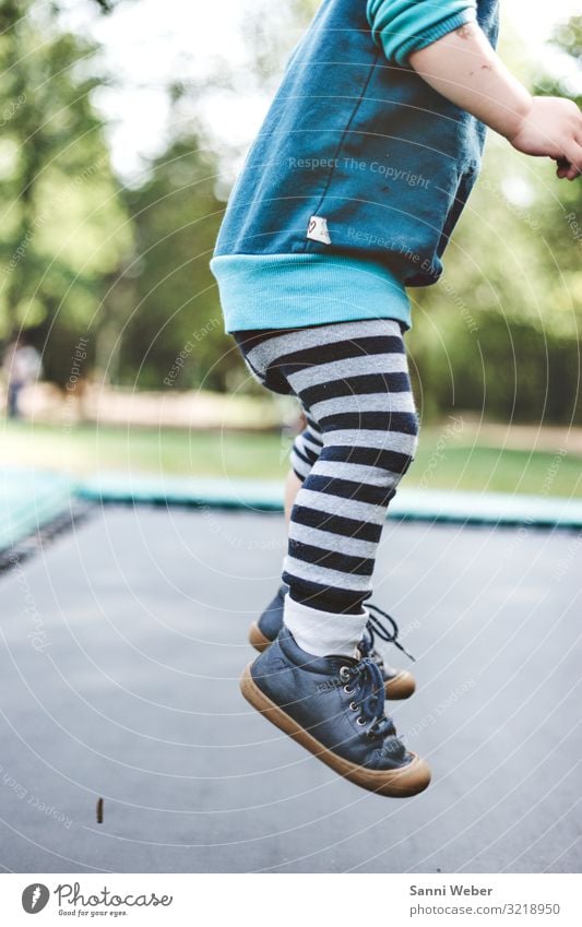 Trampolin springen 1 Sport Mensch maskulin Kind Junge Kindheit Leben Beine 3-8 Jahre Natur Sommer Schönes Wetter Baum Grünpflanze Park Wald Glück Spielplatz