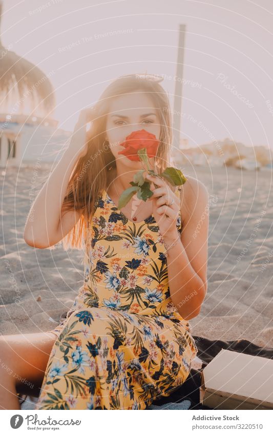 Frau sitzt am Strand und schnüffelt an Rose und schaut in die Kamera Roséwein romantisch nachdenklich besinnlich sonnig Liebe Glück Sommer träumen Sand Blume