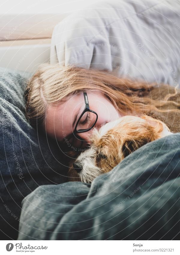 Junge Frau mit kleinen Hund im Bett feminin Jugendliche Leben Kopf 1 Mensch 18-30 Jahre Erwachsene Brille brünett langhaarig Tier Haustier Tiergesicht Bettdecke