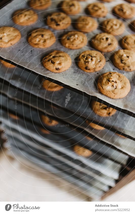 Gestell mit frisch gebackenen Keksen Bäckerei Tablett Ablage Kulisse Lebensmittel Küche Gebäck Papier Dessert viele Leckerbissen Kalorie süß Zucker Snack