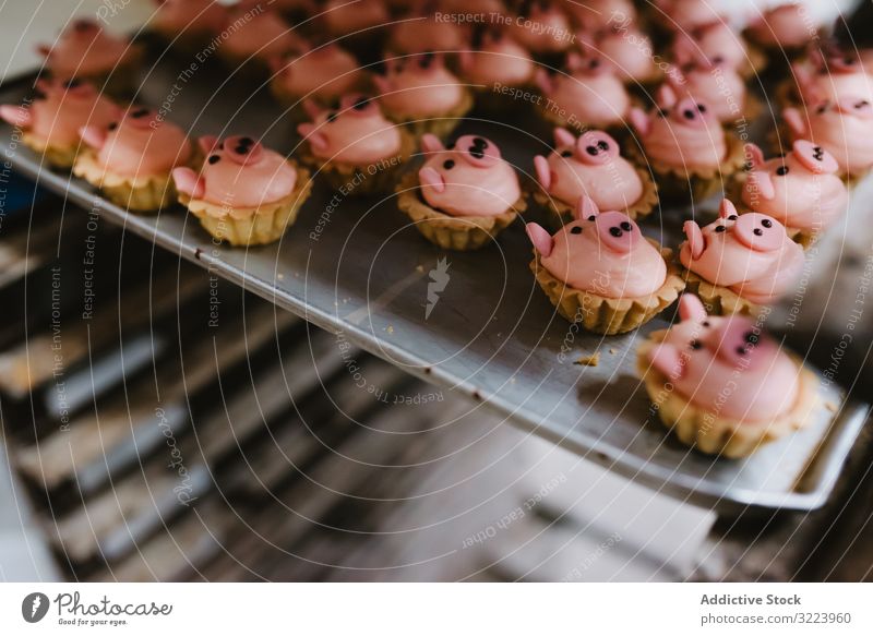 Tablett mit schweineförmigen Desserts in der Bäckerei Gebäck Schwein Ablage Form Symbol klein rosa Kuchen Ohr Schnauze Lebensmittel süß frisch backen