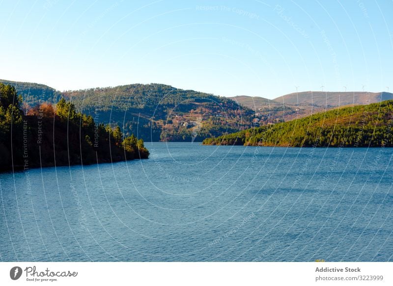 Ruhiger See am Herbsttag Landschaft Himmel wolkenlos Wasser Windstille Ufer Natur fallen Saison Rippeln Oberfläche ruhig Gelassenheit friedlich Harmonie