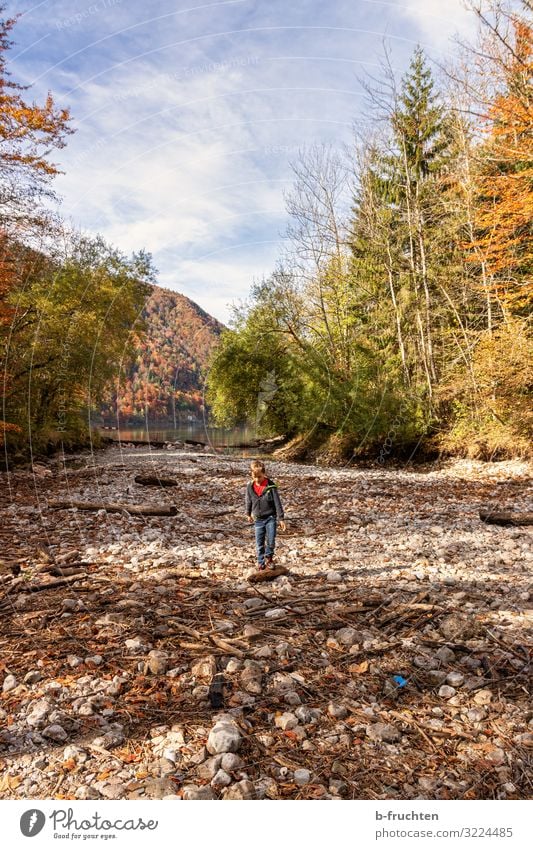 Kind im ausgetrockneten flussbett Ferien & Urlaub & Reisen Tourismus Abenteuer wandern 1 Mensch 8-13 Jahre Kindheit Wolken Herbst Schönes Wetter Wald Seeufer