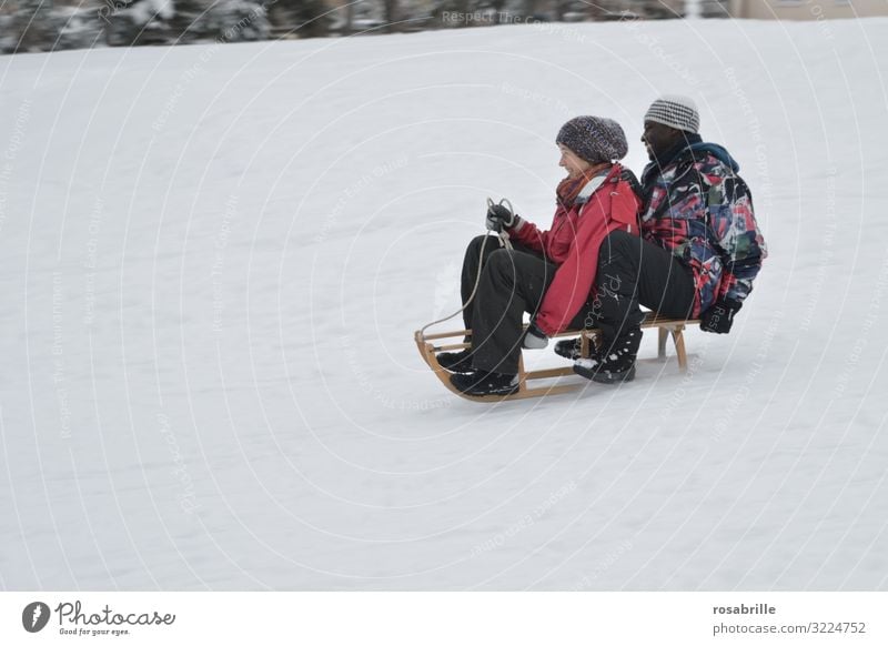 Schlittenfahrt 2 Freude Freizeit & Hobby Winter Schnee Weihnachten & Advent Wintersport Frau Erwachsene Mann Freundschaft Paar Partner Mensch 18-30 Jahre