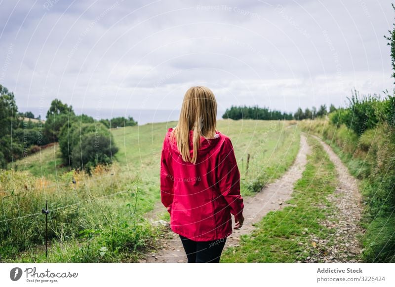 Frau steht auf dem Land und schaut weg friedlich Landschaft Feld genießend Wald Natur grün Erholung lässig Herbst Saison Dame Pflanze menschlich natürlich