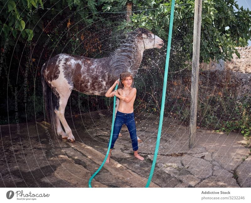 Streicheln und Waschen von Kindern im Sommer Junge Pferd Bauernhof Hengst Barfuß Schlauch Landschaft Liebe Ranch Wasser Urlaub platschen Hobby Feiertag Reiter