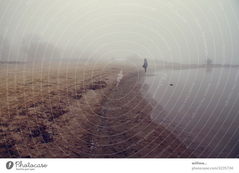 elegante Dame mit Hut im Nebel am Seeufer trüb neblig-trüb Küste Mensch feminin Frau Mantel einzeln Spaziergang Sandstrand Strand schlechtes Wetter Dümmer See