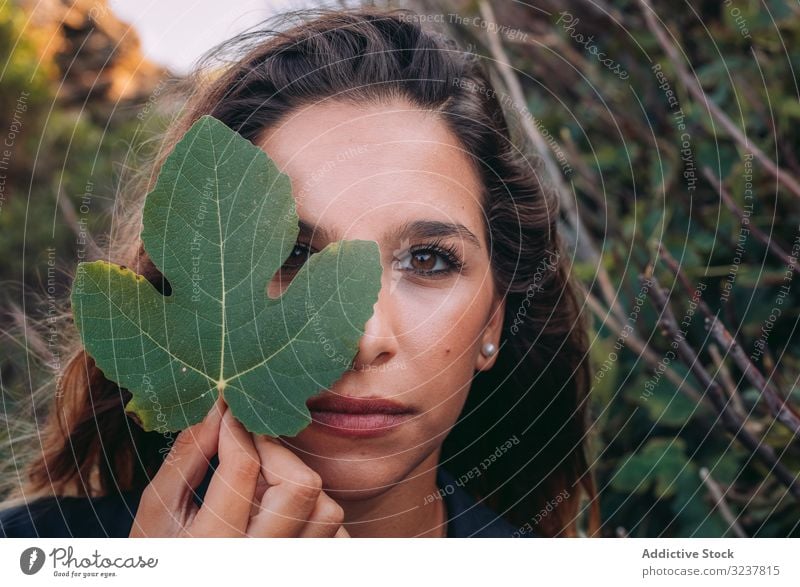 Ruhende Dame, die in der Natur spazieren geht und im Blatt genießt Frau Sommer Feige Lifestyle jung reisen Schönheit Landschaft Wald Urlaub Abenteuer wandern