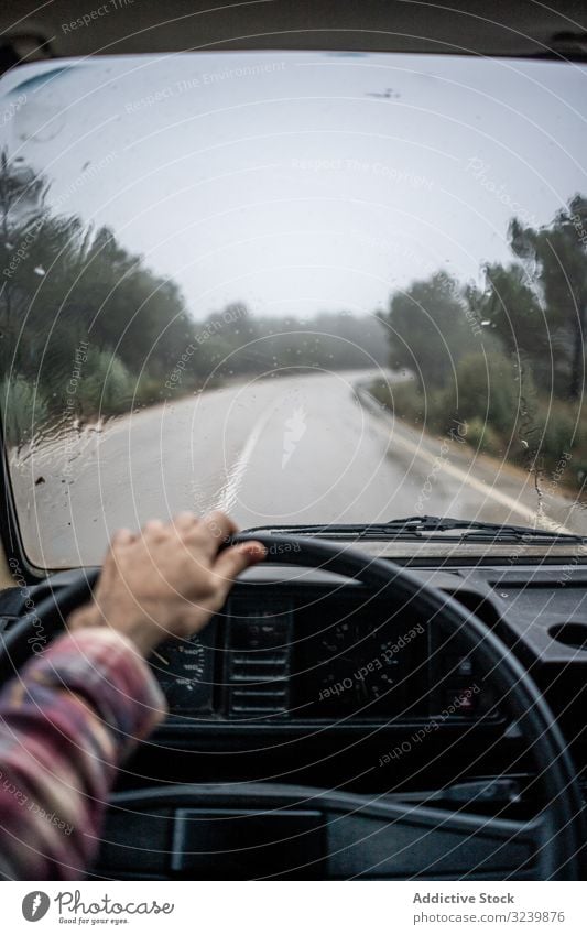 Autofahrer fährt auf ländlichem Weg im Wald bei Regen Fahrer PKW Herbst Mann Rad Laufwerk nass Straße Baum Immergrün kariertes Hemd Arme Kabine Erwachsener