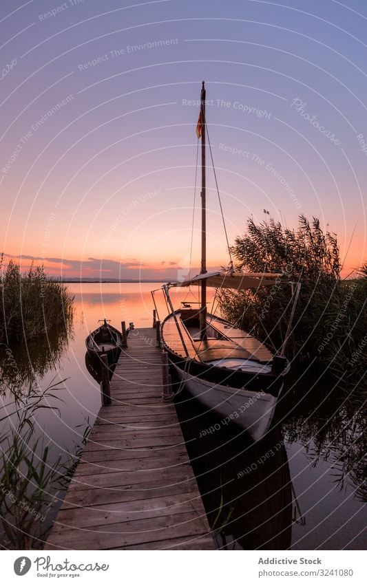 Vertäutes Boot am Holzpier Pier vertäut hölzern ländlich Kai Gefäße grün belaubt Buchse Lagune Valencia MEER Fluss gebunden hafen reisen Dock Sommer nautisch