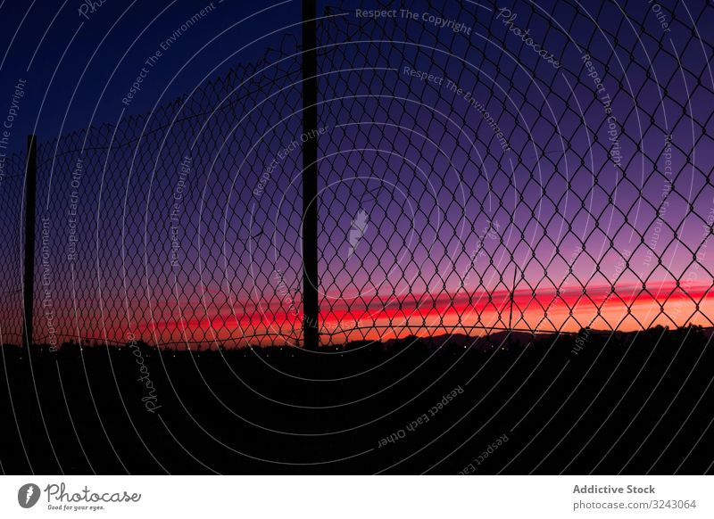 Netzzaun gegen den Sonnenuntergangshimmel Zaun Landschaft Silhouette Himmel ländlich hell lebhaft pulsierend Natur Barriere Gehege Abend Nacht schön malerisch