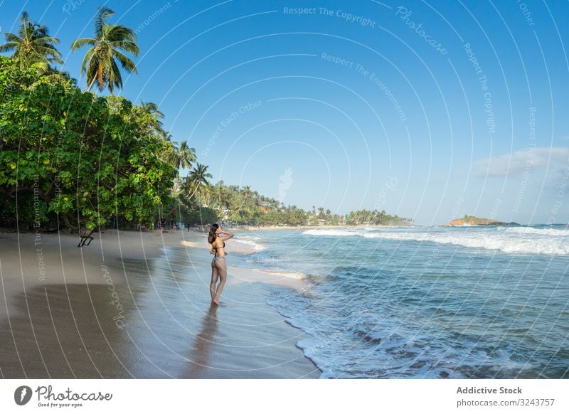 Junge Dame im Wasser am Sandstrand mit Tropenwald Strand von Mirissa Sri Lanka Wald tropisch Insel Frau Ufer Geplätscher heiter jung grün attraktiv Natur frisch