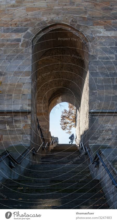 flüchtender Mensch auf der Treppe zu einem historischen Tor maskulin 1 Architektur Schönes Wetter Erfurt Thüringen Deutschland Altstadt Kirche Dom