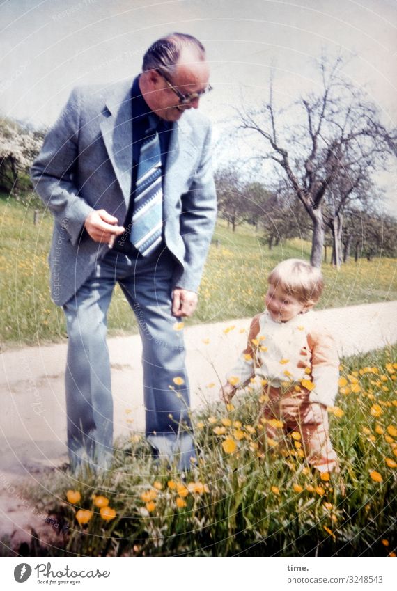 Blumenkind maskulin Kind Mann Erwachsene 2 Mensch Landschaft Frühling Schönes Wetter Baum Gras Wiese Wege & Pfade Anzug Krawatte Brille Zigarillo kurzhaarig