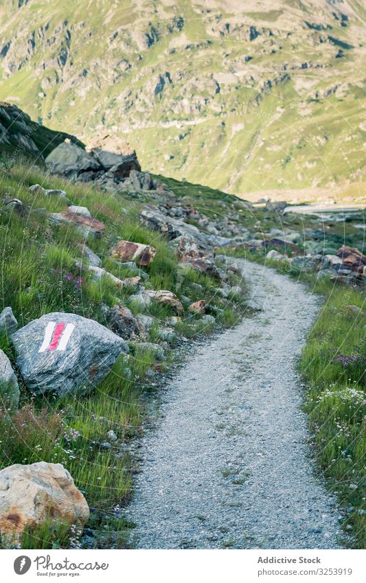 Leerer schmaler Pfad im Tal Weg eng Schmutz Berge u. Gebirge grün ländlich Boden Natur reisen Cloud Landschaft niemand Ausflug malerisch leer Schweiz Hügel