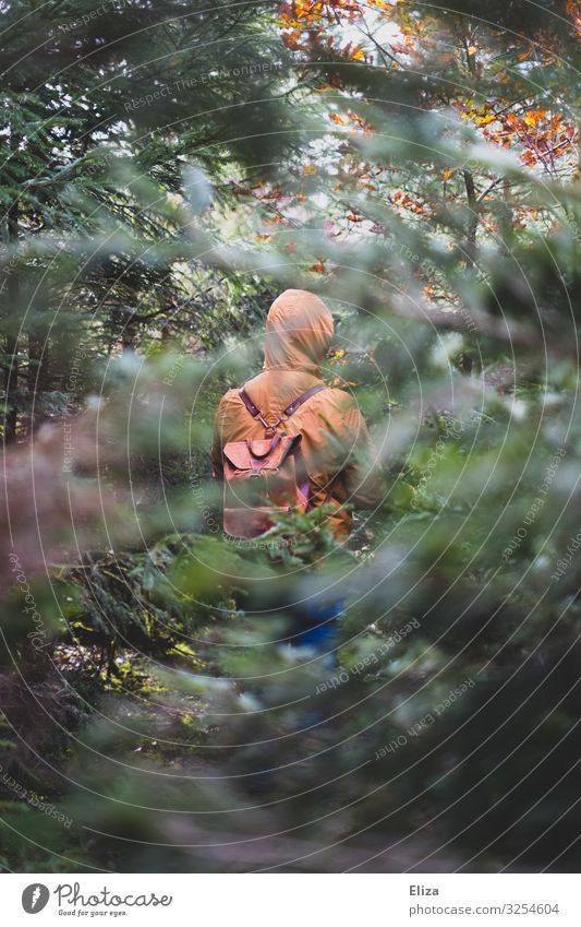 Ein Mann isoliert alleine im Wald versteckt hinter Bäumen Mensch Natur Einsam Sträucher verstecken wandern Rucksack Kapuze beobachten unerkannt anonym orange