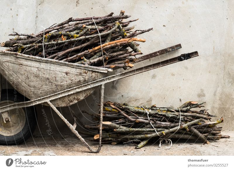 alte Schubkarre mit Holz, Reisig Häusliches Leben Energiewirtschaft Klima Haus Hütte Mauer Wand Brennholz Brennstoff trist nachhaltig Tradition