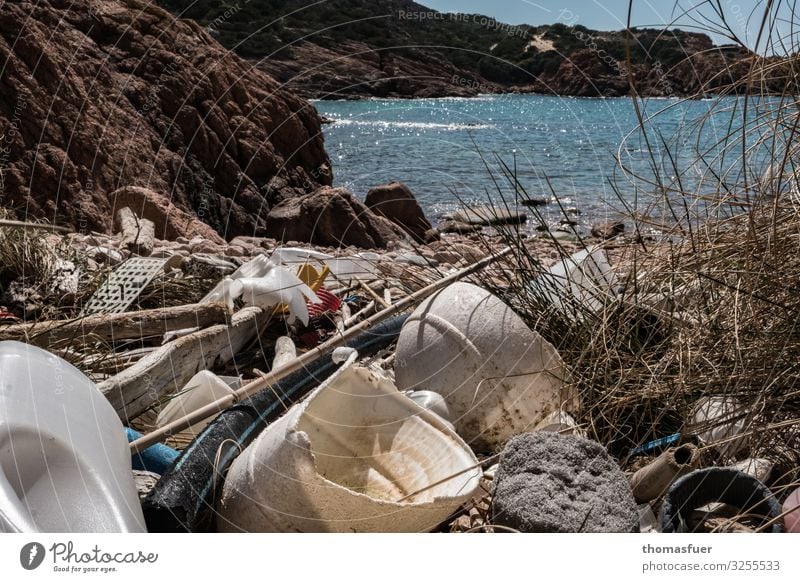 Müll am Strand Geschirr Schalen & Schüsseln Flasche kaufen Ferien & Urlaub & Reisen Tourismus Sommerurlaub Natur Horizont Sonne Klima Klimawandel Schönes Wetter