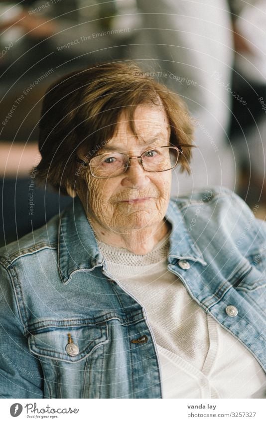 Oma Behandlung Seniorenpflege Wohnung Mensch Frau Erwachsene Weiblicher Senior Großmutter Leben 1 60 und älter Jeansjacke Brille Seniorenheim Farbfoto