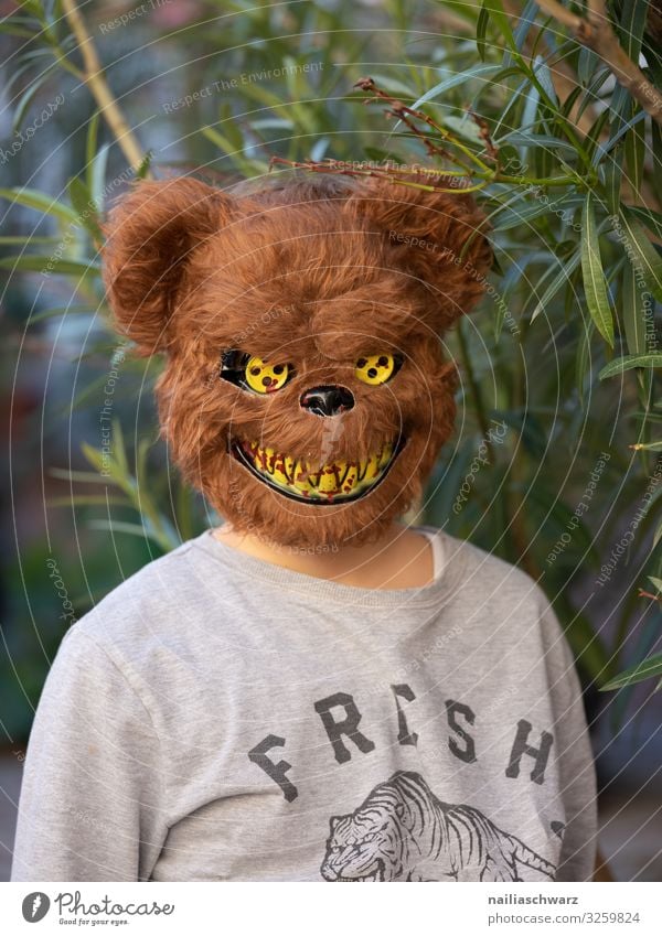 Bär Mensch maskulin Kind Junge 1 8-13 Jahre Kindheit Pflanze Baum Blatt Grünpflanze Mode T-Shirt Accessoire Maske Maskenball Bär Maske Lächeln Blick Aggression