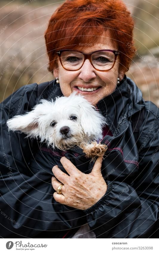 Ältere Frau schützt einen schmutzigen und nassen Welpen vor der Kälte. Lifestyle Stil Freude Glück Gesicht Sommer feminin Erwachsene Weiblicher Senior