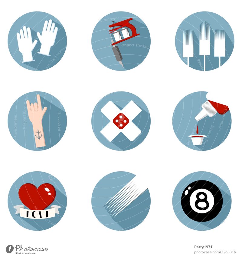 Tattoo Flat Design Icon Set Lifestyle Heftpflaster Handschuhe Tätowiermaschine Farbstoff Anker Herz Fahne Billardkugel Eight ball rund Sauberkeit blau rot