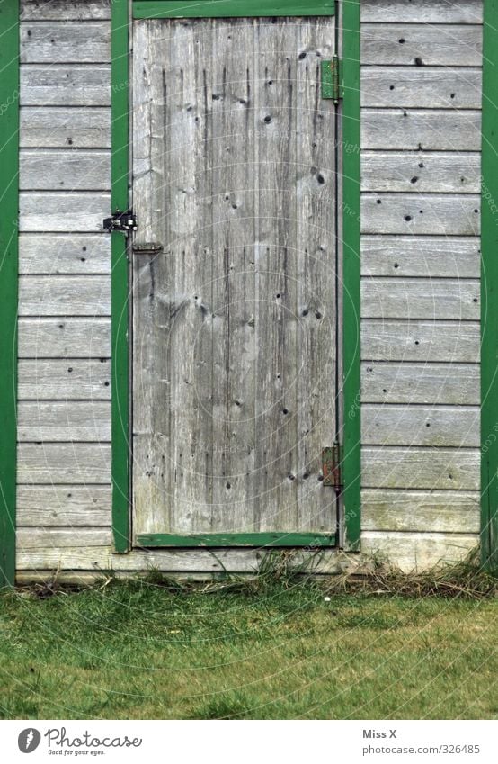 Tür V Häusliches Leben Wohnung Garten Wiese Hütte alt Holztür Scheune Gartenhaus geschlossen Farbfoto Außenaufnahme Muster Strukturen & Formen Menschenleer