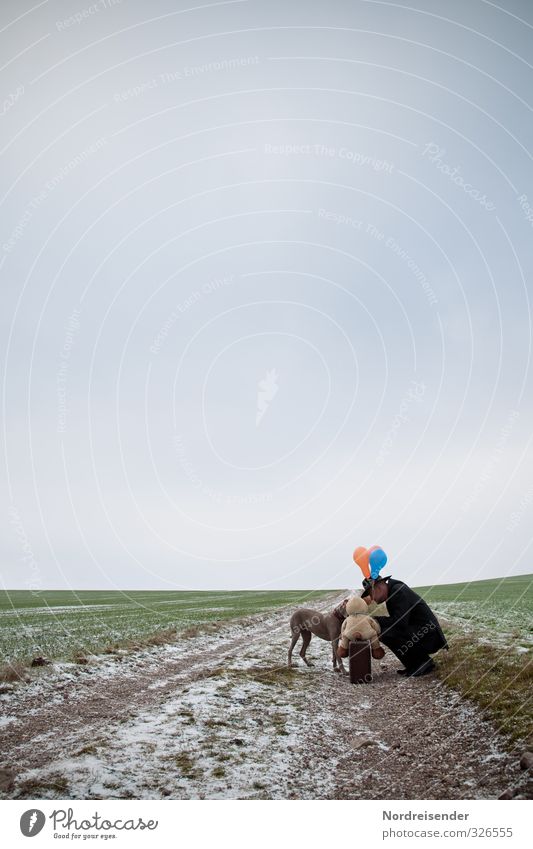 Geheimdienst.... Mensch Mann Erwachsene Leben Winter Eis Frost Feld Wege & Pfade Hut Hund 1 Tier Beratung sprechen elegant Vertrauen Geborgenheit Sympathie