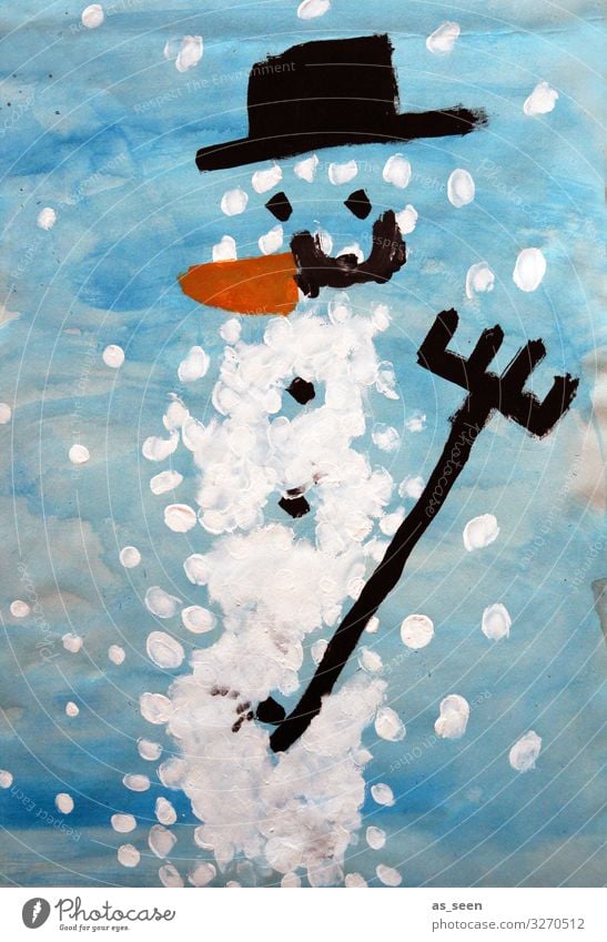 Schneemann Winter Weihnachten & Advent Kindererziehung Bildung Kindergarten Schule Kunst Gemälde Eis Frost Schneefall Hut Zeichen Lächeln stehen authentisch