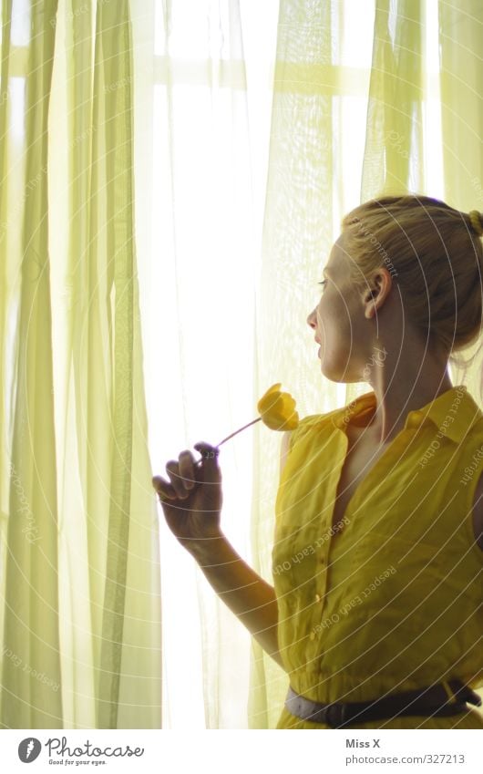 drinnen wie draußen Häusliches Leben Wohnung Mensch feminin Junge Frau Jugendliche 1 18-30 Jahre Erwachsene Fenster Kleid Blick schön Neugier gelb Gefühle