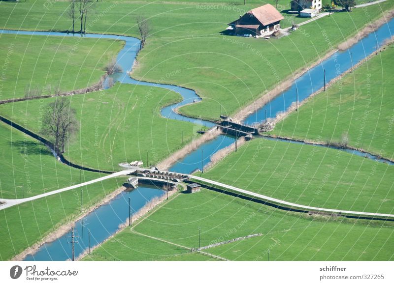 Krumm, grad, akkurat Umwelt Natur Landschaft Wiese Feld Bach Fluss Straße Wege & Pfade blau grün Bauernhof Kanal Brücke Brückenkonstruktion Landwirtschaft Baum